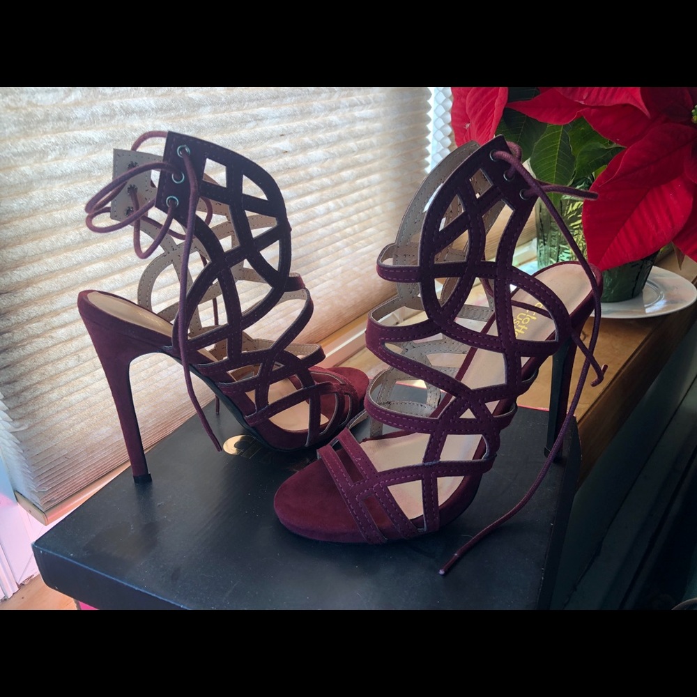 Maroon velvet strap heels